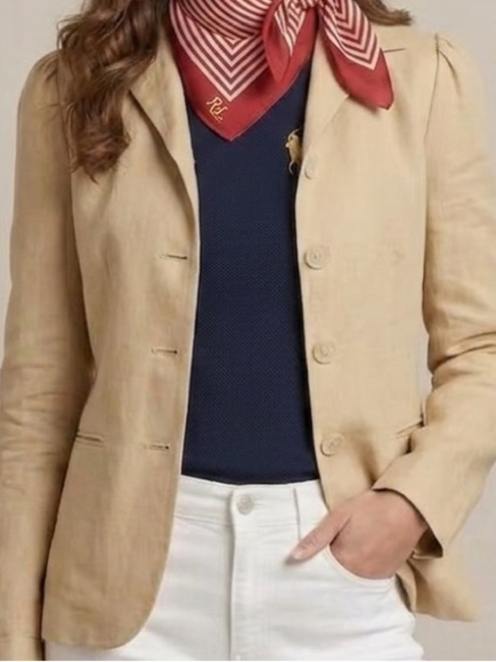 Ralph Lauren 100% Linen Quiet Luxury Preppy Old Money Tan Beige Jacket Blazer 4P